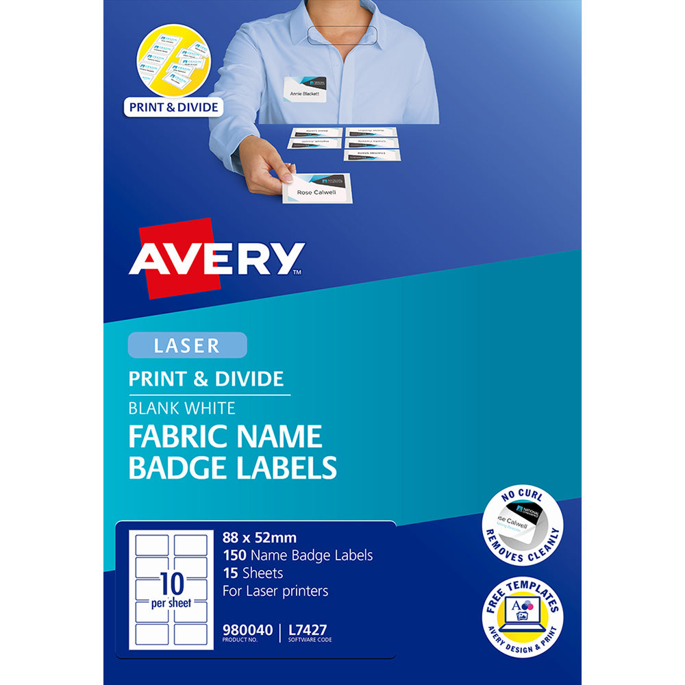 Avery Name Badge L7427 Fabric Laser 88x52mm 10up 15 Sheets - Cafe Supply