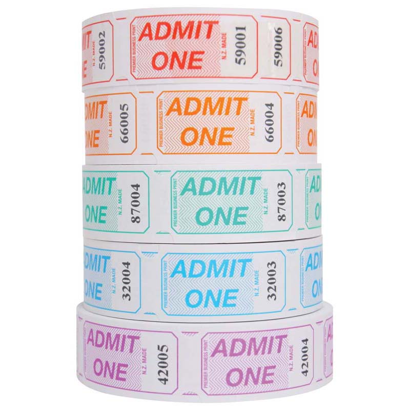 Globe Admit One Tickets Assorted Colours Single Roll - Cafe Supply
