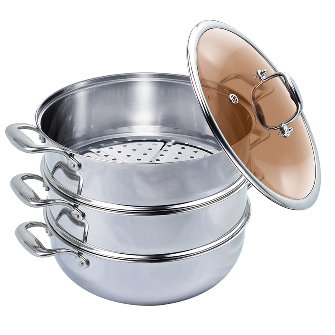 SOGA 3 Tier 26cm Heavy Duty Stainless Steel Food Steamer Vegetable Pot Stackable Pan Insert with Glass Lid - Cafe Supply