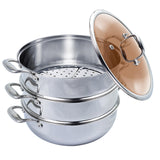 SOGA 3 Tier 26cm Heavy Duty Stainless Steel Food Steamer Vegetable Pot Stackable Pan Insert with Glass Lid - Cafe Supply