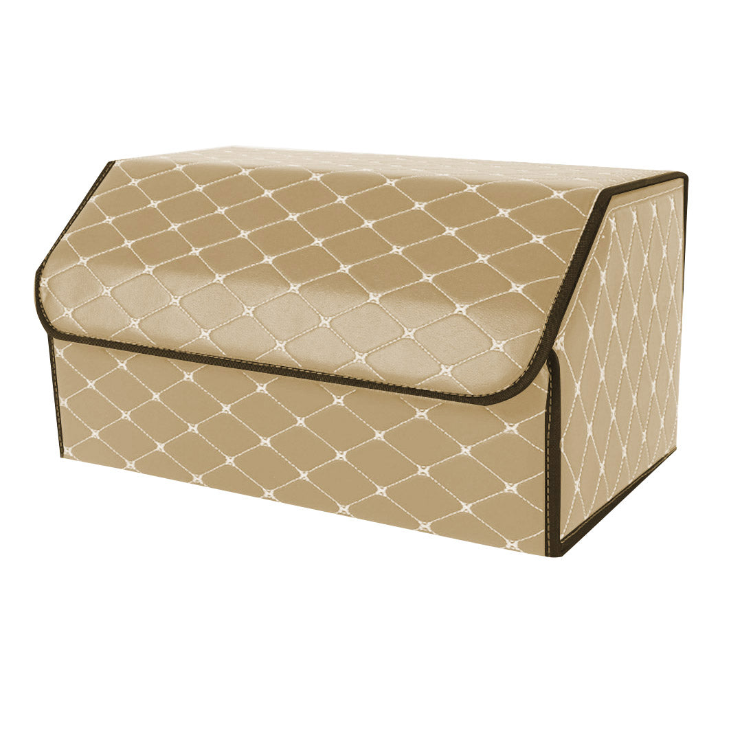 SOGA Leather Car Boot Collapsible Foldable Trunk Cargo Organizer Portable Storage Box Beige/Gold Stitch Large - Cafe Supply