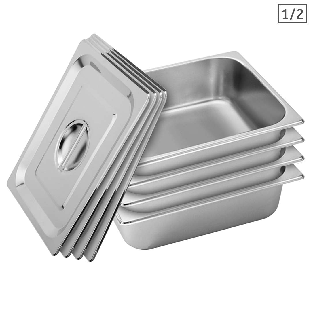 SOGA 4X Gastronorm GN Pan Full Size 1/2 GN Pan 10cm Deep Stainless Steel Tray With Lid - Cafe Supply
