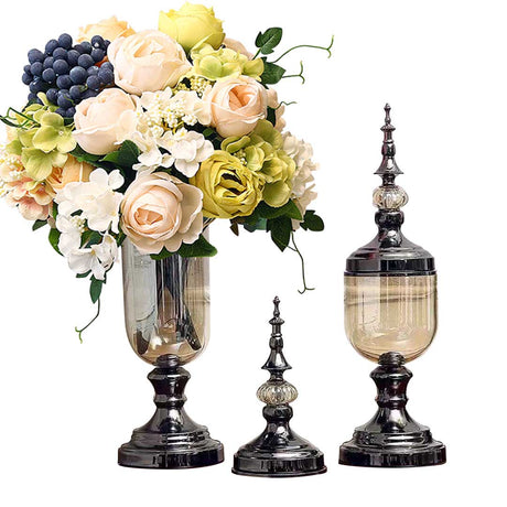 SOGA 2X Clear Glass Flower Vase with Lid and White Flower Filler Vase Black Set - Cafe Supply