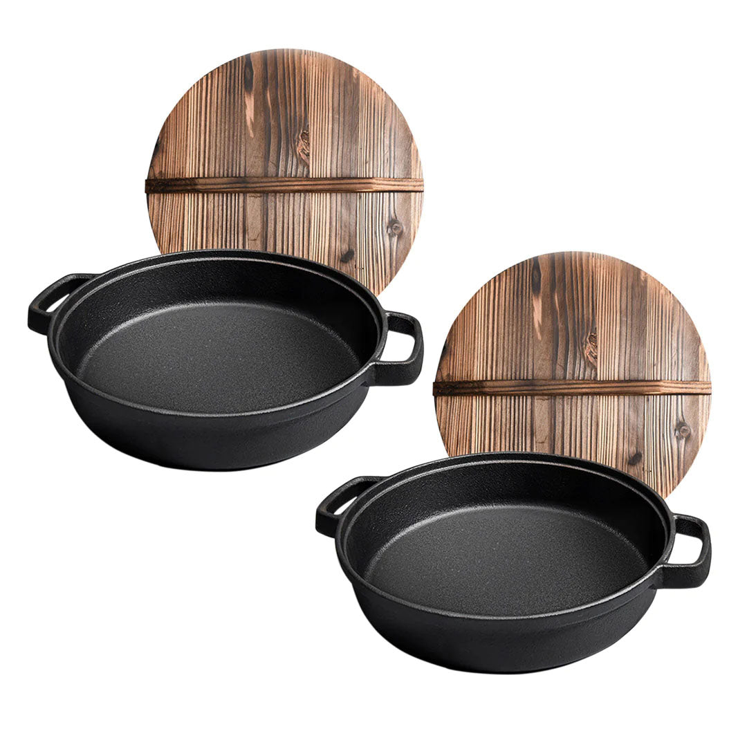 SOGA 2X 29cm Round Cast Iron Pre-seasoned Deep Baking Pizza Frying Pan Skillet with Wooden Lid - Cafe Supply