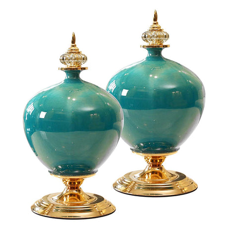 SOGA 2X 38cm Ceramic Oval Flower Vase with Gold Metal Base Green - Cafe Supply