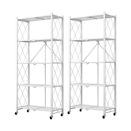 SOGA 2X 5 Tier Steel White Foldable Kitchen Cart Multi-Functional Shelves Portable Storage Organizer with Wheels - Cafe Supply