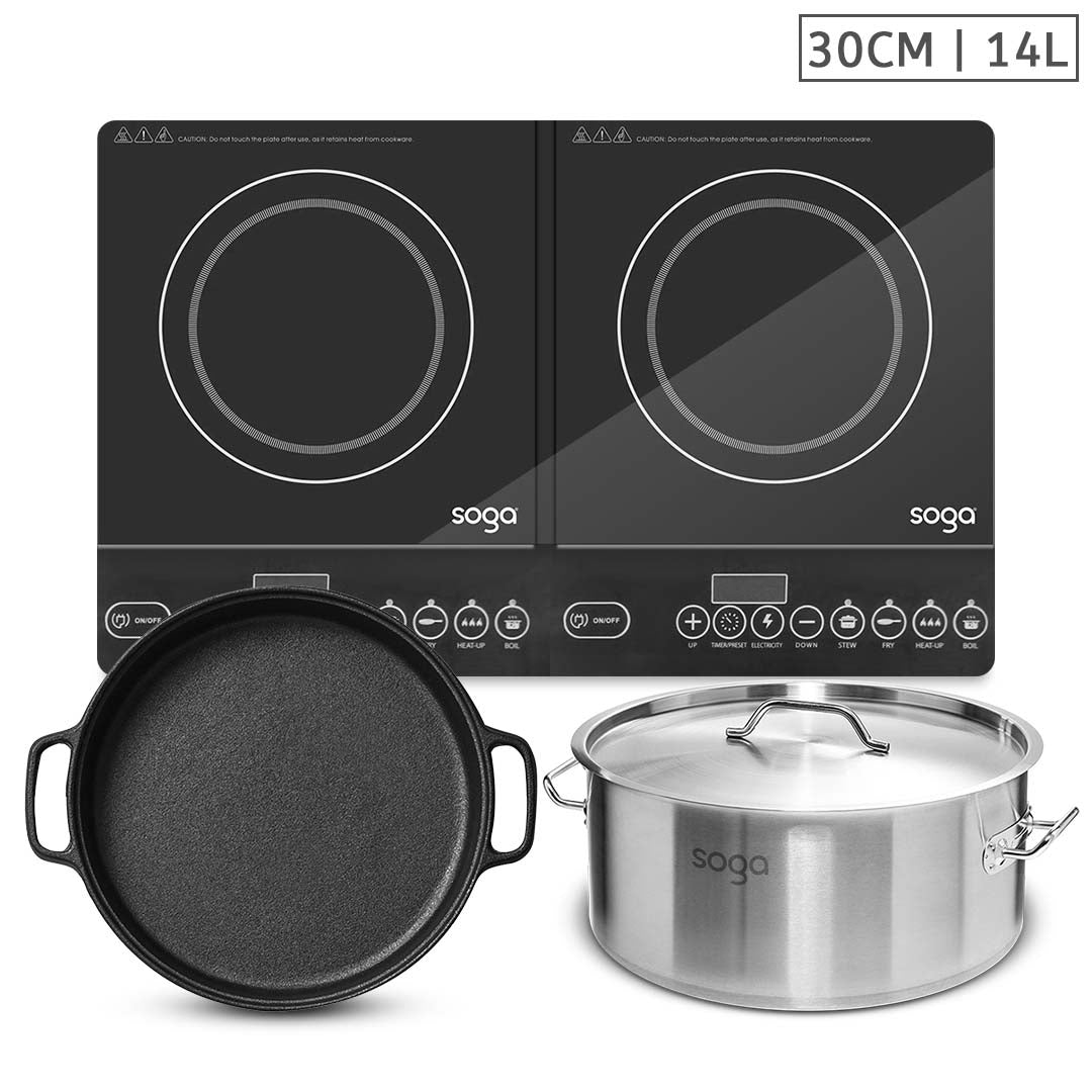 SOGA Dual Burners Cooktop Stove, 30cm Cast Iron Skillet and 14L Stainless Steel Stockpot - Cafe Supply