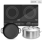 SOGA Dual Burners Cooktop Stove, 30cm Cast Iron Skillet and 14L Stainless Steel Stockpot - Cafe Supply