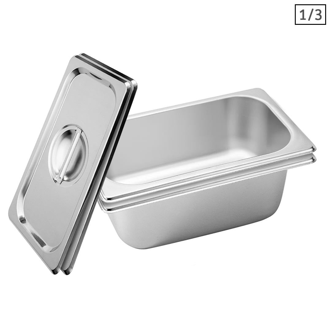 SOGA 2X Gastronorm GN Pan Full Size 1/3 GN Pan 10cm Deep Stainless Steel Tray With Lid - Cafe Supply