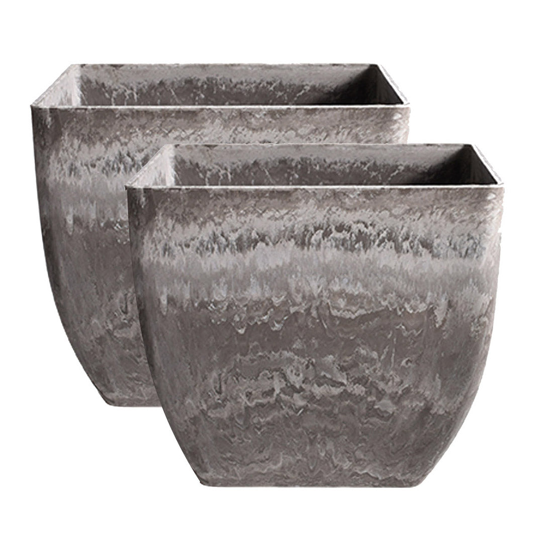 SOGA 2X 27cm Rock Grey Square Resin Plant Flower Pot in Cement Pattern Planter Cachepot for Indoor Home Office - Cafe Supply