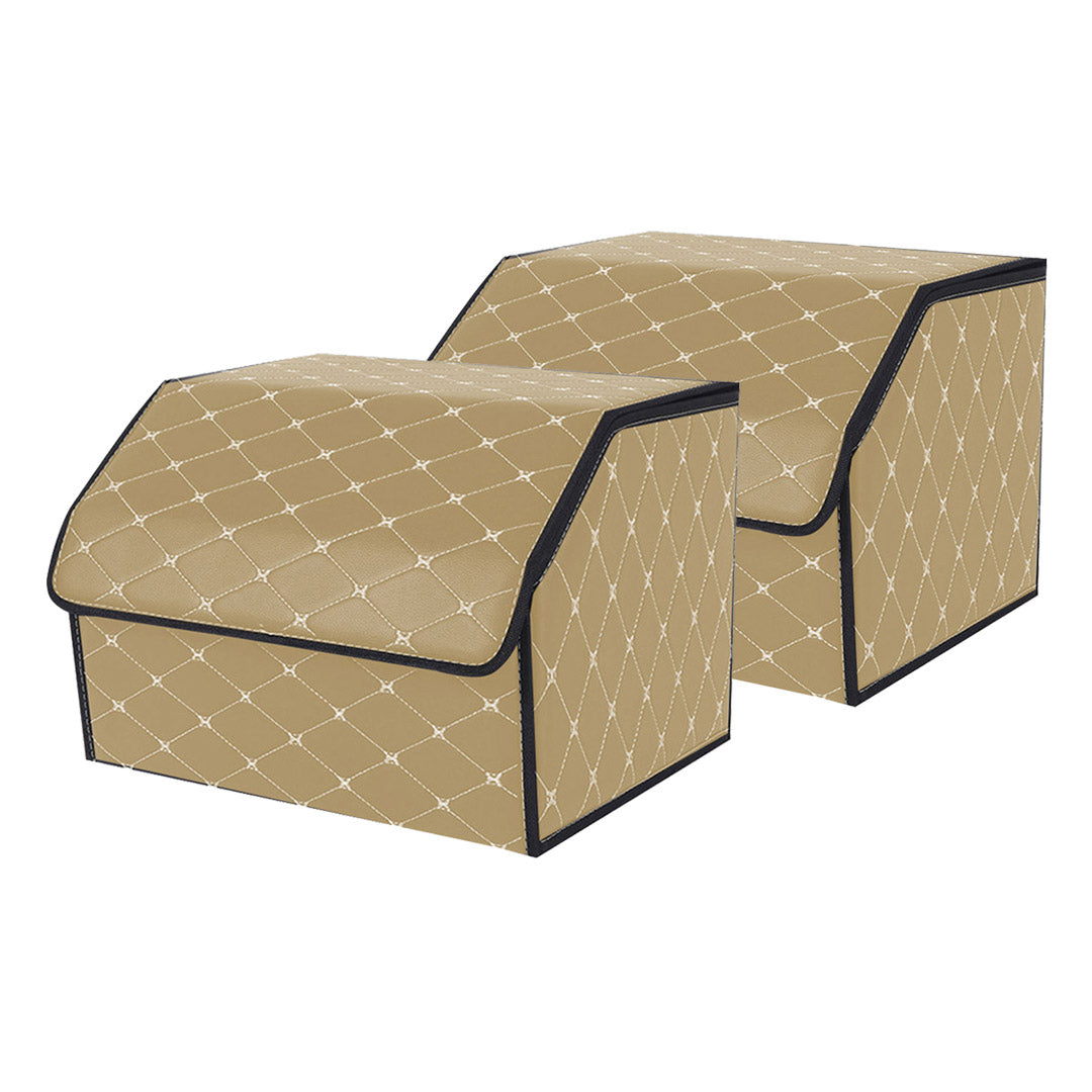 SOGA 2X Leather Car Boot Collapsible Foldable Trunk Cargo Organizer Portable Storage Box Beige/Gold Stitch Medium - Cafe Supply
