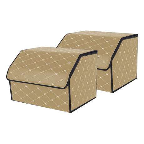 SOGA 2X Leather Car Boot Collapsible Foldable Trunk Cargo Organizer Portable Storage Box Beige/Gold Stitch Medium - Cafe Supply