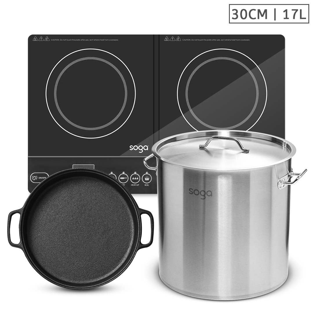 SOGA Dual Burners Cooktop Stove, 30cm Cast Iron Skillet and 17L Stainless Steel Stockpot 28cm - Cafe Supply