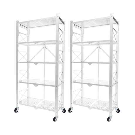 SOGA 2X 5 Tier Steel White Foldable Display Stand Multi-Functional Shelves Portable Storage Organizer with Wheels - Cafe Supply