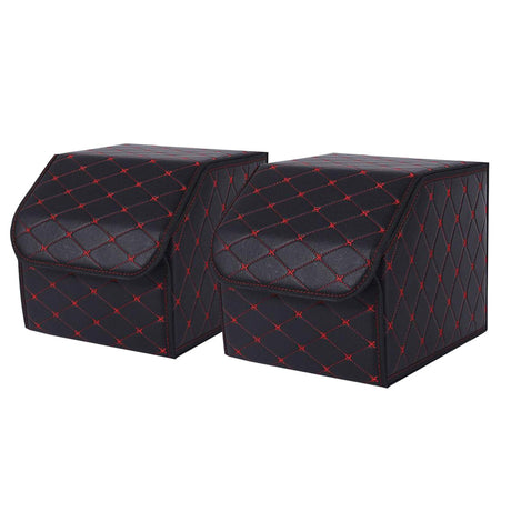 SOGA 2X Leather Car Boot Collapsible Foldable Trunk Cargo Organizer Portable Storage Box Black/Red Stitch Small - Cafe Supply
