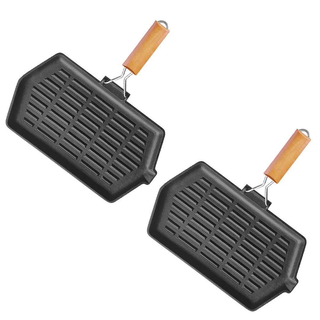 SOGA 2X Rectangular Cast Iron Griddle Grill Frying Pan with Folding Wooden Handle - Cafe Supply