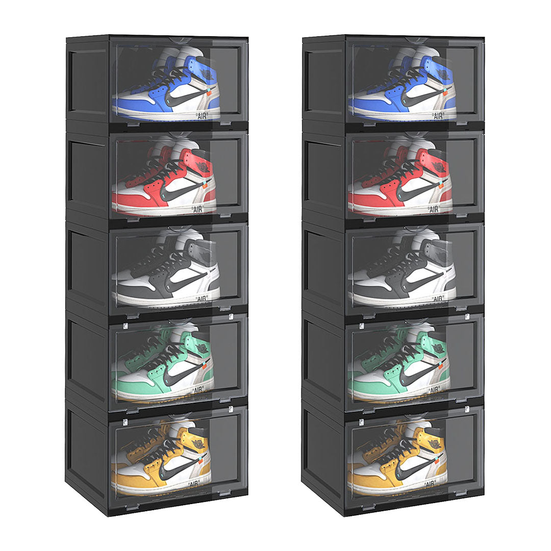 SOGA 2X 5 Tier Black Portable Shoe Organiser Sneaker Footwear Folding Plastic Bin Stackable Storage Box with Magnetic Door - Cafe Supply