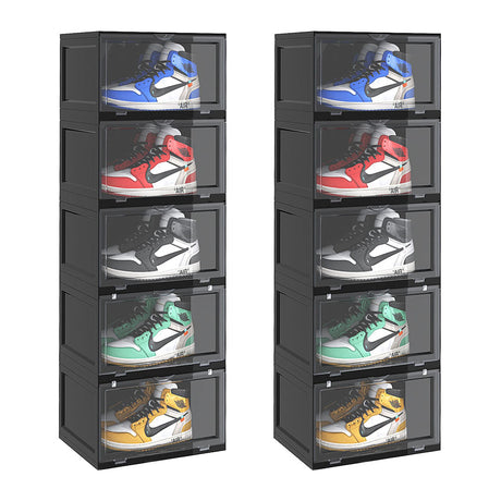 SOGA 2X 5 Tier Black Portable Shoe Organiser Sneaker Footwear Folding Plastic Bin Stackable Storage Box with Magnetic Door - Cafe Supply