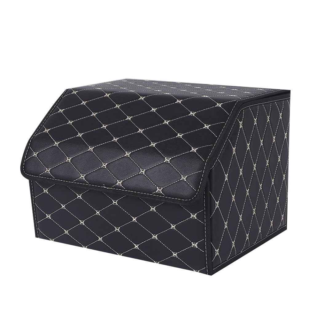 SOGA Leather Car Boot Collapsible Foldable Trunk Cargo Organizer Portable Storage Box Black/Gold Stitch Medium - Cafe Supply