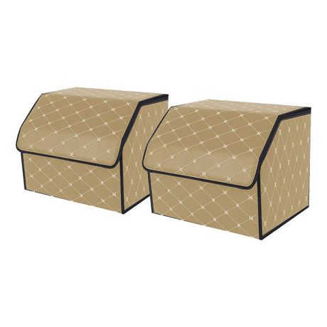 SOGA 2X Leather Car Boot Collapsible Foldable Trunk Cargo Organizer Portable Storage Box Beige/Gold Stitch Small - Cafe Supply