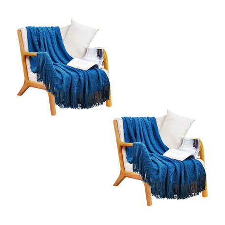 SOGA 2X Royal Blue Diamond Pattern Knitted Throw Blanket Warm Cozy Woven Cover Couch Bed Sofa Home Decor with Tassels - Cafe Supply