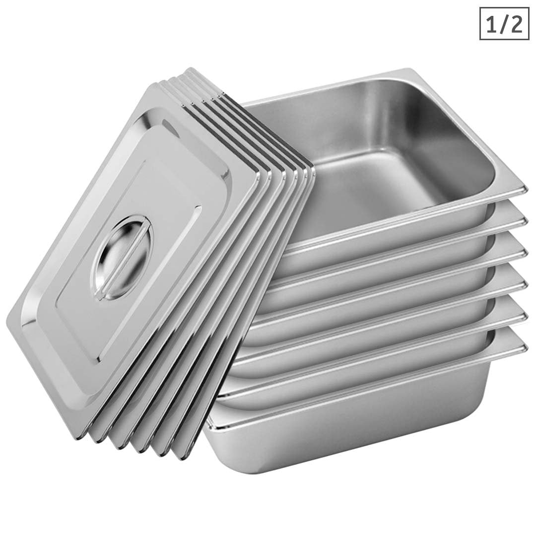 SOGA 6X Gastronorm GN Pan Full Size 1/2 GN Pan 10cm Deep Stainless Steel Tray With Lid - Cafe Supply