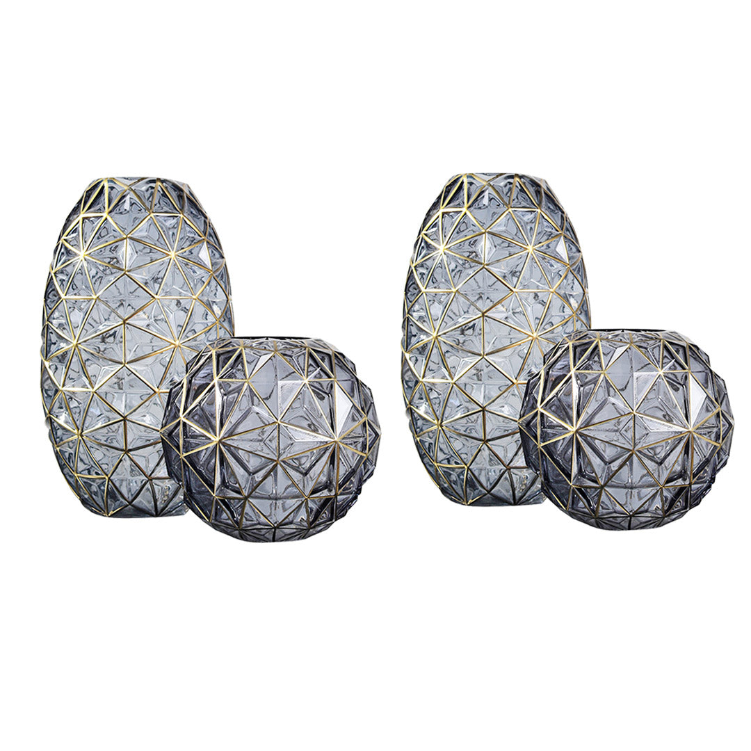 SOGA 2X Grey Colored Diamond Cut Glass Flower Vase Round Jar Home Decor with Gold Accent Large and Medium Set - Cafe Supply