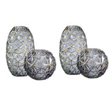 SOGA 2X Grey Colored Diamond Cut Glass Flower Vase Round Jar Home Decor with Gold Accent Large and Medium Set - Cafe Supply