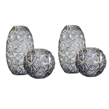 SOGA 2X Grey Colored Diamond Cut Glass Flower Vase Round Jar Home Decor with Gold Accent Large and Medium Set - Cafe Supply