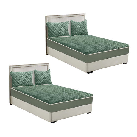 SOGA 2X Green 183cm Wide Mattress Cover Thick Quilted Fleece Stretchable Clover Design Bed Spread Sheet Protector with Pillow Covers - Cafe Supply