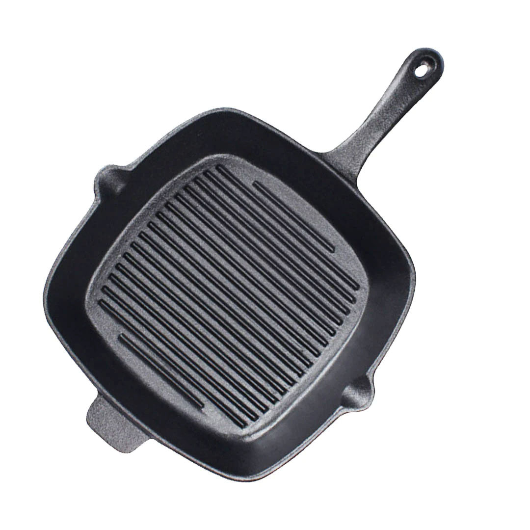 SOGA 26cm Square Ribbed Cast Iron Frying Pan Skillet Steak Sizzle Platter with Handle - Cafe Supply