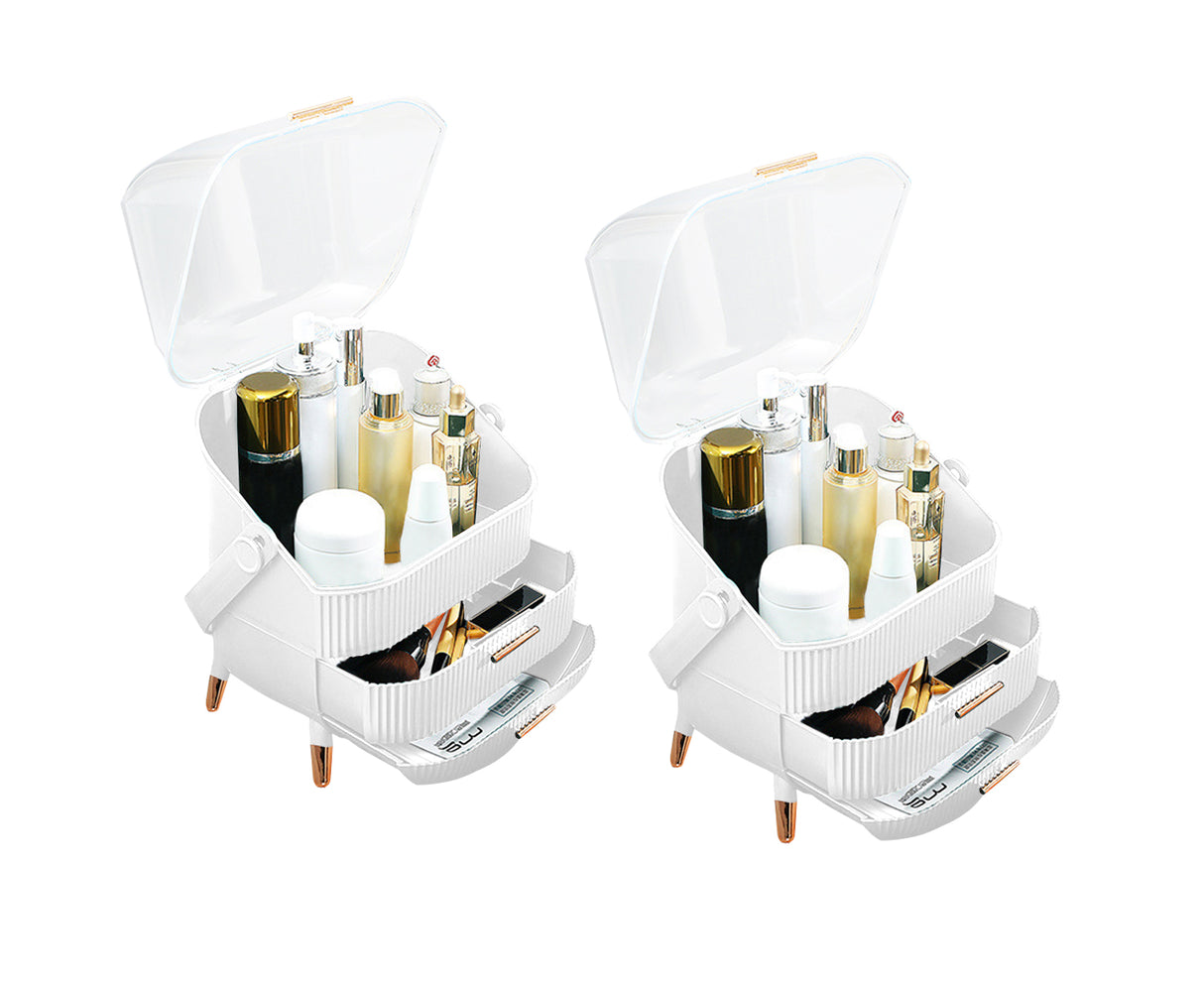 SOGA 2X 29cm White Countertop Makeup Cosmetic Storage Organiser Skincare Holder Jewelry Storage Box with Handle - Cafe Supply