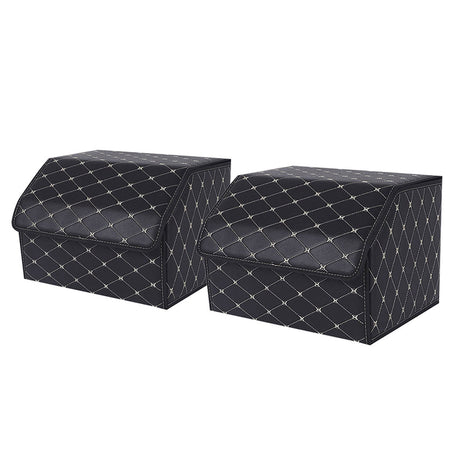 SOGA 2X Leather Car Boot Collapsible Foldable Trunk Cargo Organizer Portable Storage Box Black/Gold Stitch Medium - Cafe Supply