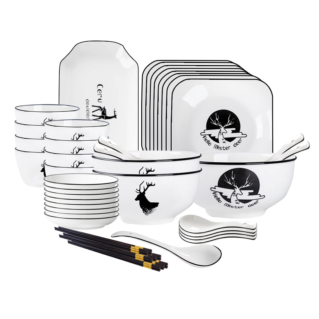 SOGA White Antler Printed Ceramic Dinnerware Set Crockery Soup Bowl Plate Server Kitchen Home Decor Set of 28 - Cafe Supply