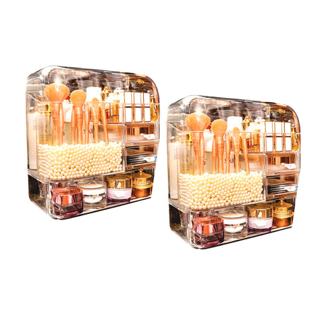 SOGA 2X Transparent Cosmetic Storage Box Clear Makeup Skincare Holder with Lid Drawers Waterproof  Dustproof Organiser with Pearls - Cafe Supply