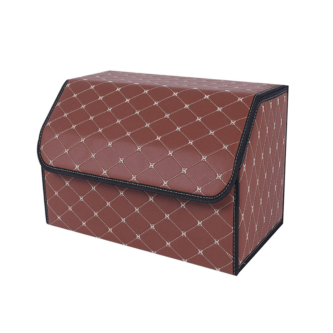 SOGA Leather Car Boot Collapsible Foldable Trunk Cargo Organizer Portable Storage Box Coffee/Gold Stitch Medium - Cafe Supply