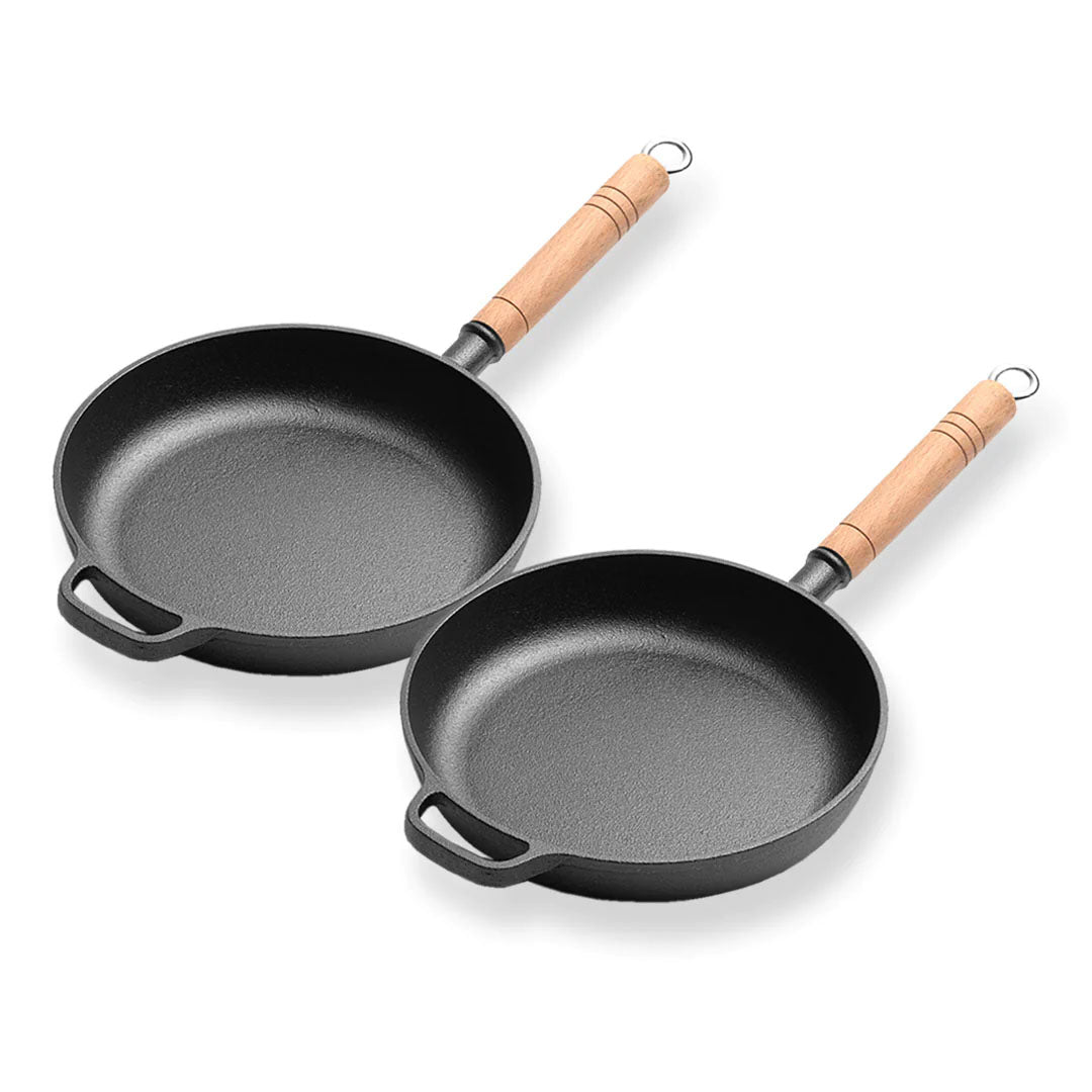 SOGA 2X 27cm Round Cast Iron Frying Pan Skillet Steak Sizzle Platter with Helper Handle - Cafe Supply