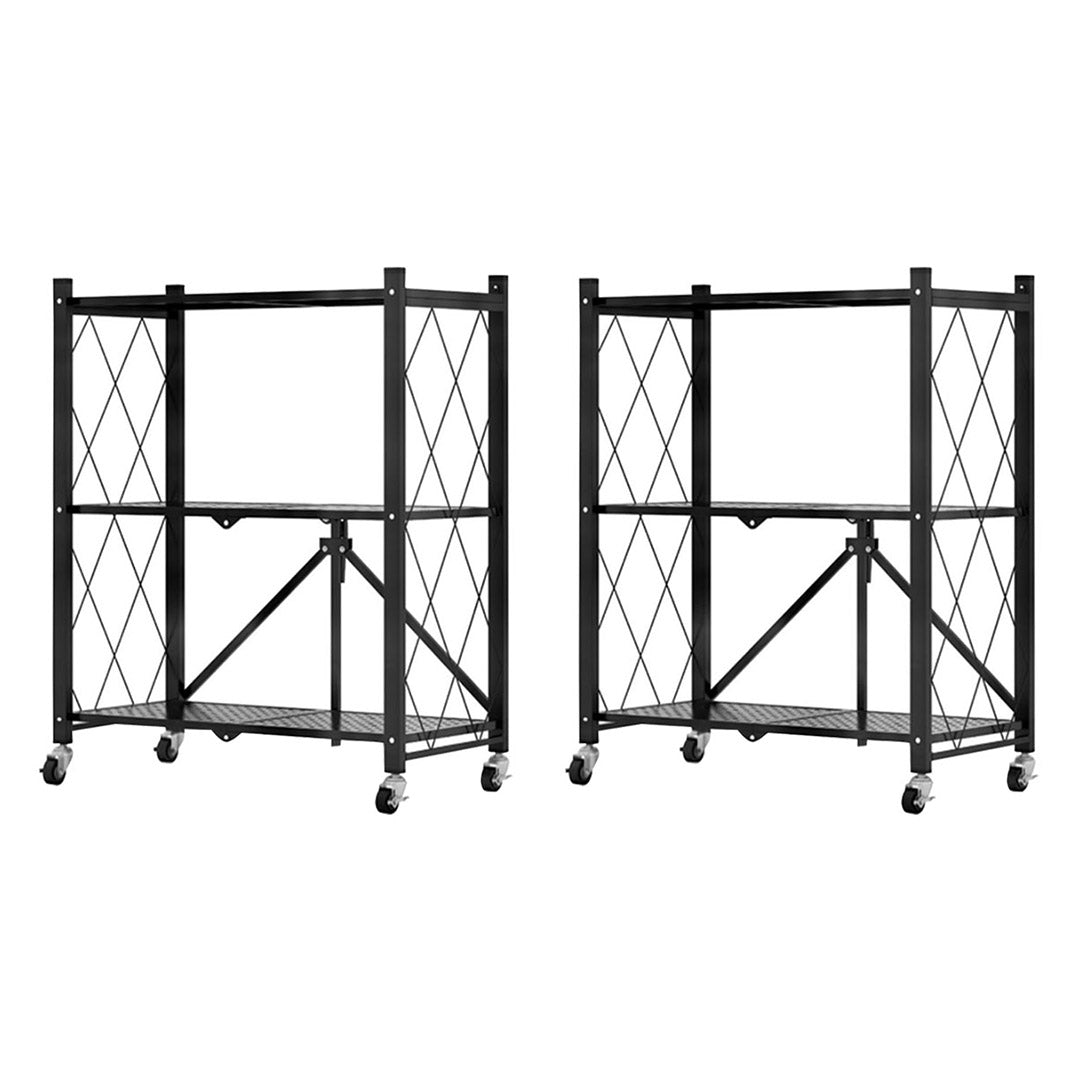 SOGA 2X 3 Tier Steel Black Foldable Kitchen Cart Multi-Functional Shelves Portable Storage Organizer with Wheels - Cafe Supply