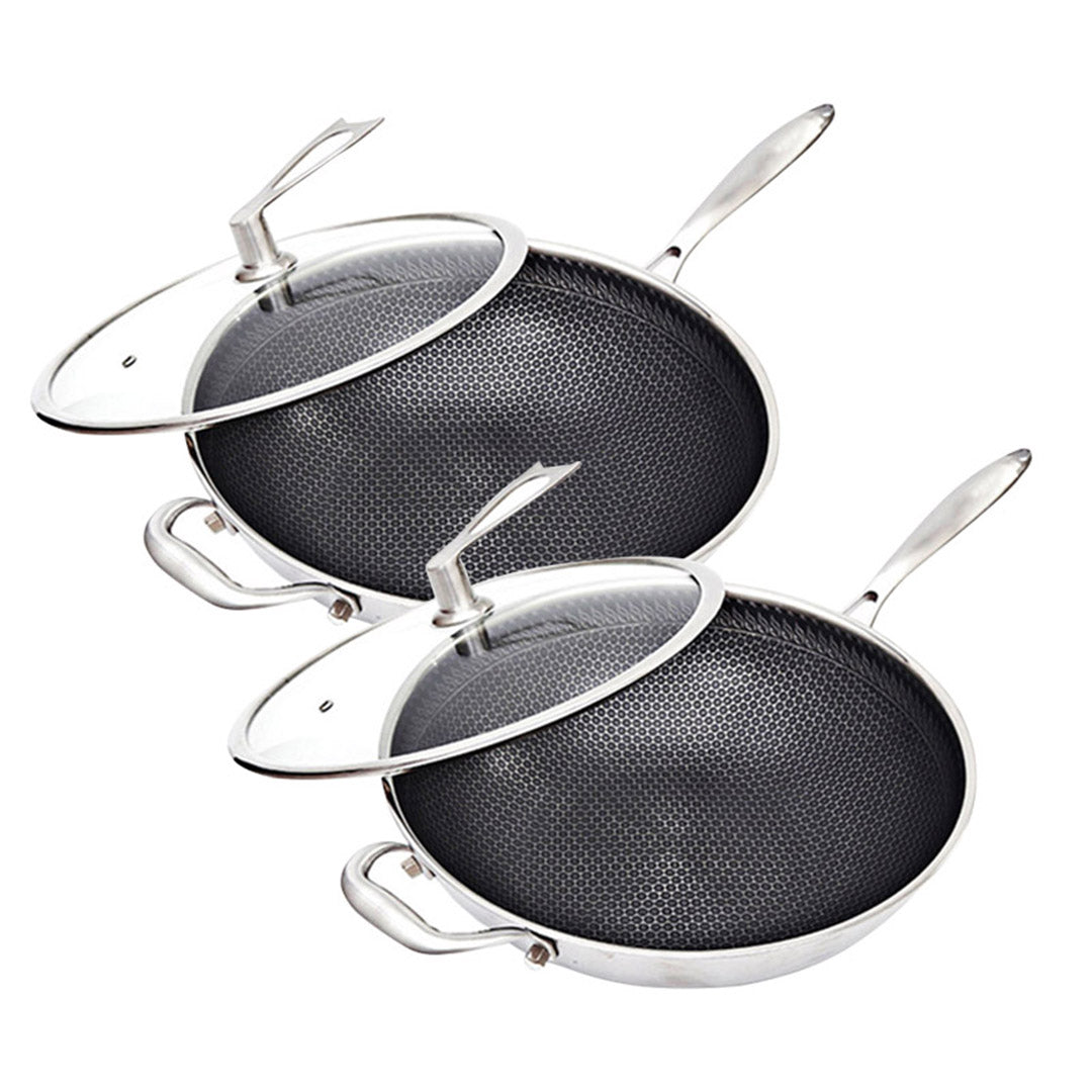 SOGA 2X 34cm Stainless Steel Tri-Ply Frying Cooking Fry Pan Textured Non Stick Skillet with Glass Lid and Helper Handle - Cafe Supply