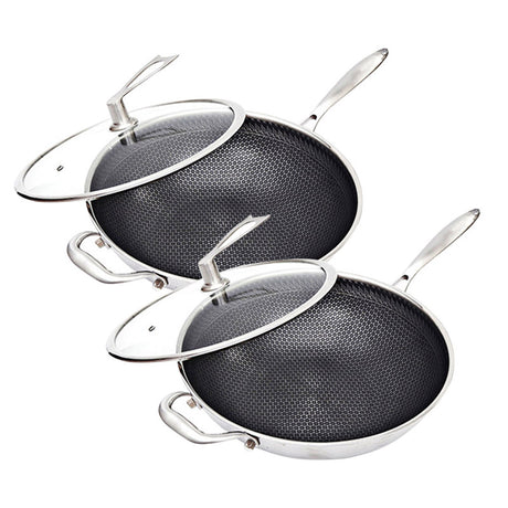SOGA 2X 34cm Stainless Steel Tri-Ply Frying Cooking Fry Pan Textured Non Stick Skillet with Glass Lid and Helper Handle - Cafe Supply