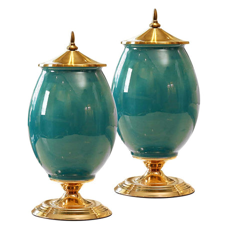 SOGA 2X 40cm Ceramic Oval Flower Vase with Gold Metal Base Green - Cafe Supply
