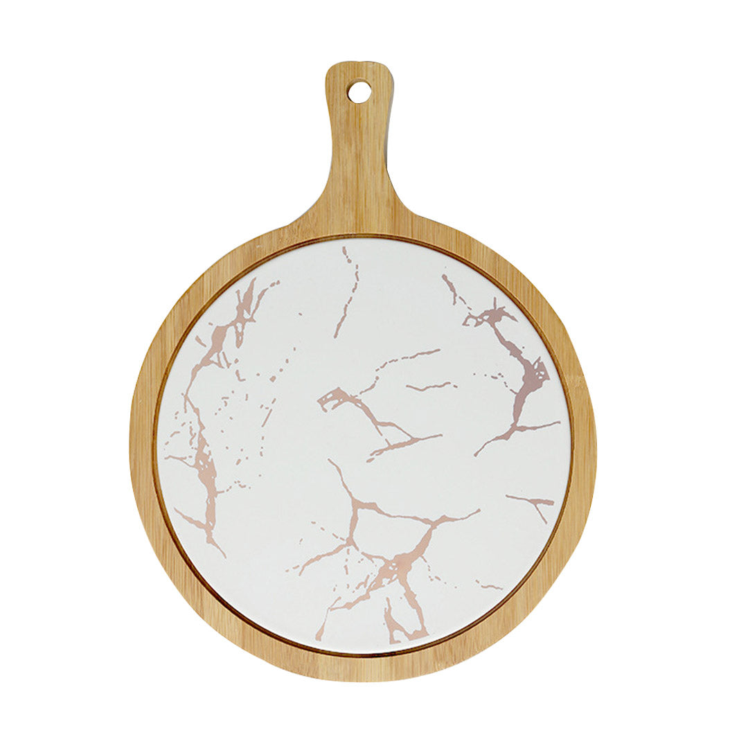 SOGA 30cm White Circle Wooden Serving Tray Slate Steak Serving Platter Chopping Board Paddle Home Decor - Cafe Supply