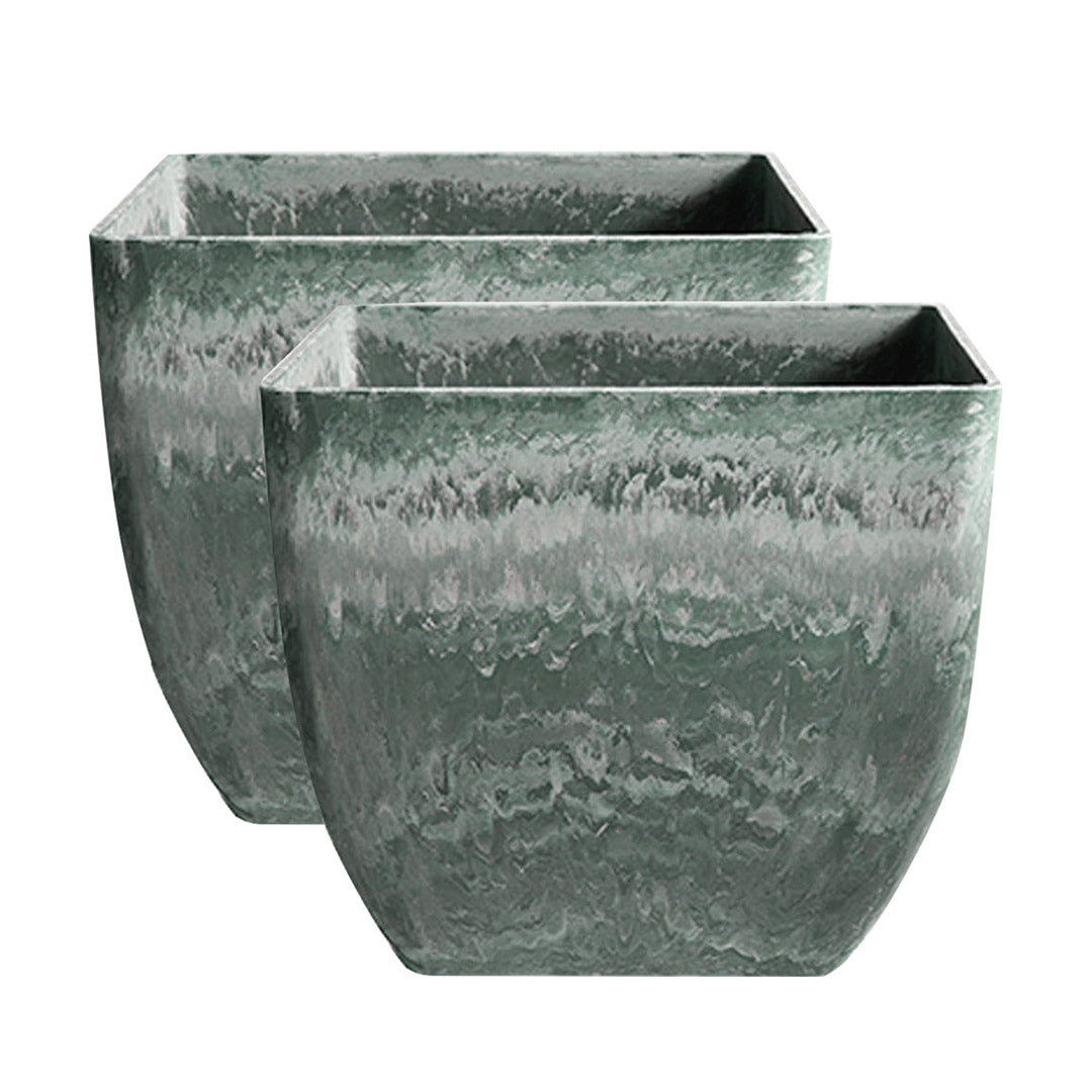 SOGA 2X 32cm Green Grey Square Resin Plant Flower Pot in Cement Pattern Planter Cachepot for Indoor Home Office - Cafe Supply