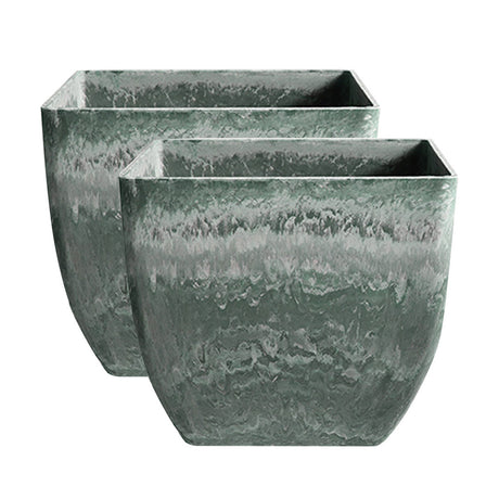 SOGA 2X 32cm Green Grey Square Resin Plant Flower Pot in Cement Pattern Planter Cachepot for Indoor Home Office - Cafe Supply