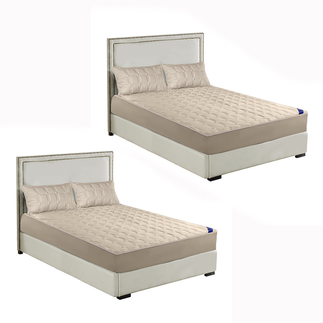 SOGA 2X Beige 153cm Wide Mattress Cover Thick Quilted Stretchable Bed Spread Sheet Protector with Pillow Covers - Cafe Supply