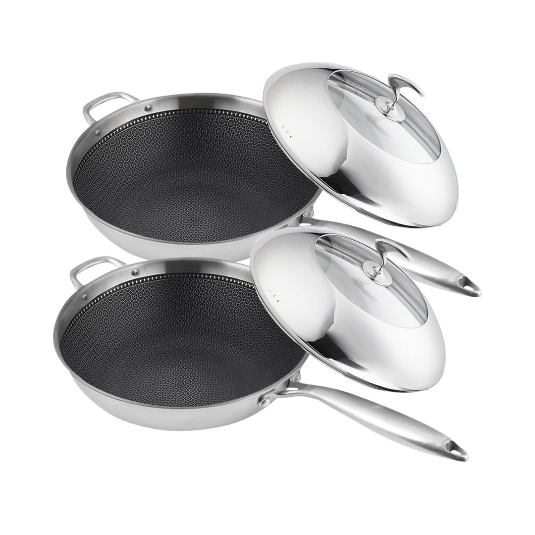 SOGA 2X 18/10 Stainless Steel Fry Pan 32cm Frying Pan Top Grade Non Stick Interior Skillet with Helper Handle and Lid - Cafe Supply