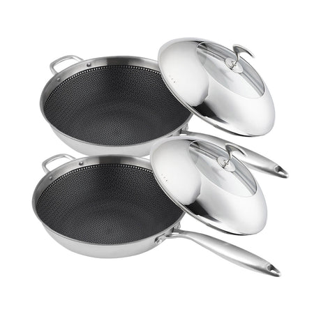SOGA 2X 18/10 Stainless Steel Fry Pan 32cm Frying Pan Top Grade Non Stick Interior Skillet with Helper Handle and Lid - Cafe Supply