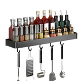 SOGA 32cm Black Wall-Mounted Rectangular Kitchen Spice Storage Organiser Space Saving Condiments Shelf Rack with Hooks - Cafe Supply
