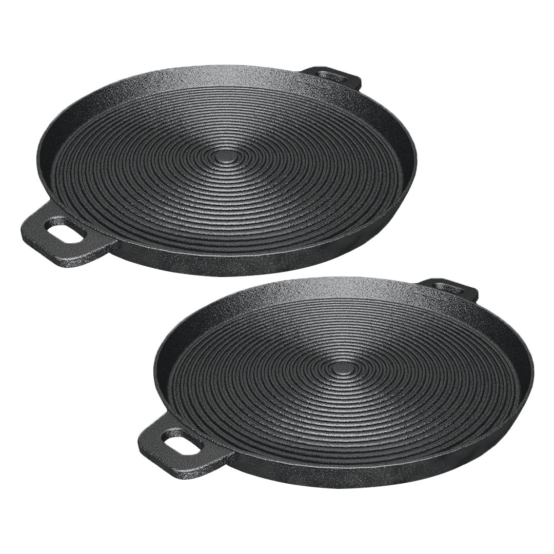 SOGA 2X 35cm Round Ribbed Cast Iron Frying Pan Skillet Steak Sizzle Platter with Handle - Cafe Supply