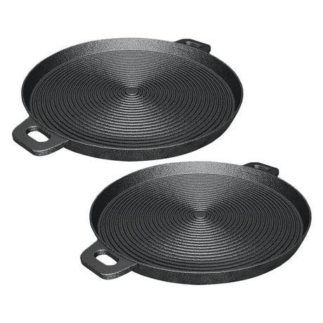 SOGA 2X 35cm Round Ribbed Cast Iron Frying Pan Skillet Steak Sizzle Platter with Handle - Cafe Supply